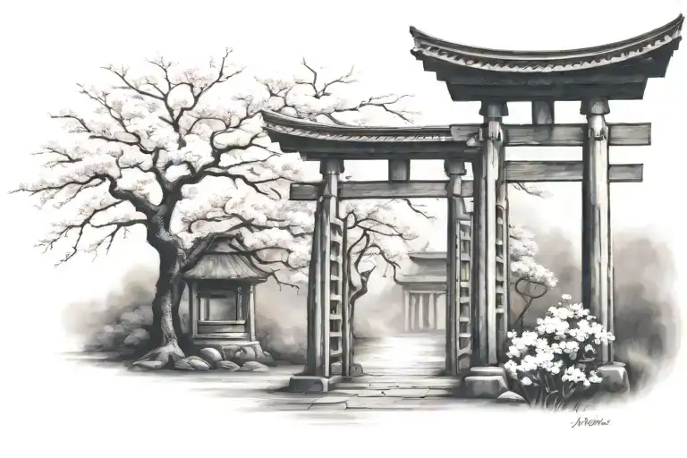 Torii Gate With Cherry Blossom Tree