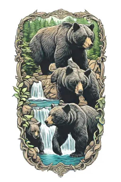 Black Bears And Waterfall In Color