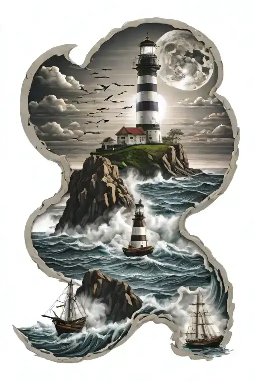 Lighthouse With Bright Light And 4 Ships Avoiding The Crashing Waves On The Rocks