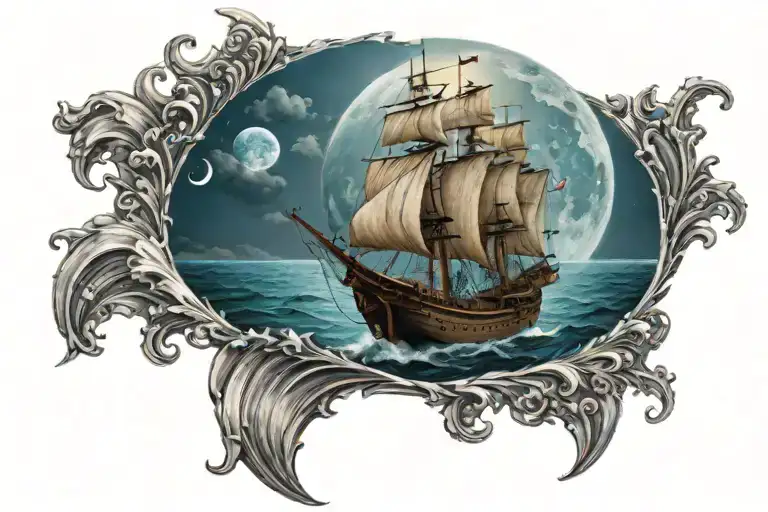 Ship Sailing In The Ocean With Blue Moon