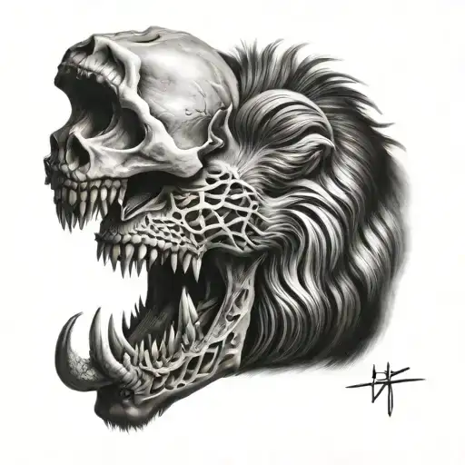 Male Lion Chewing On Human Skull