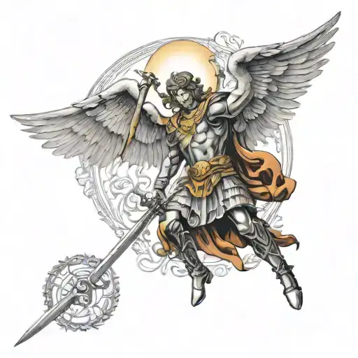 Saint Micheal The Arch Angel Defeating And Standing On Satin With Sword A Halo And Other Demons