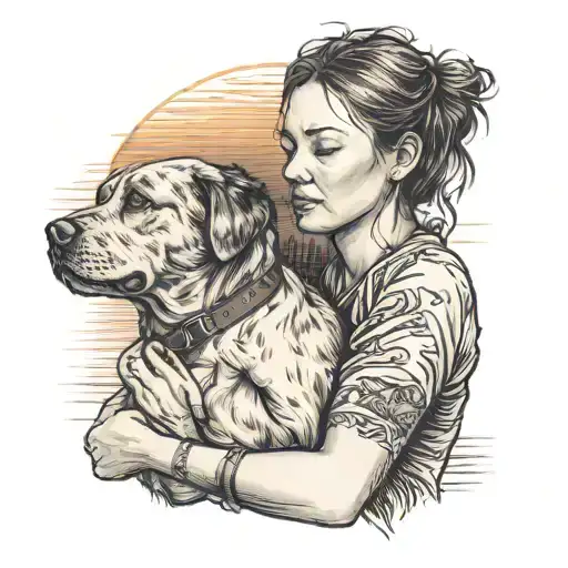 A Woman Hugging A Dog At Sunset