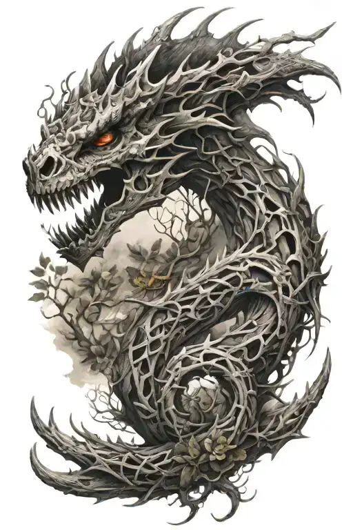 Fierce Dragon Skeleton With Live Nature Elements Intertwined
