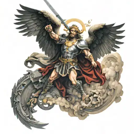 Saint Micheal The Arch Defeating Lucifer With Sword A Halo And Other Demons With Cloud Background