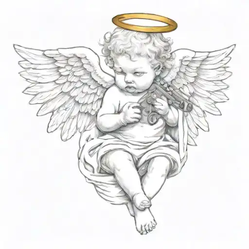 Baby Angel With Wings Wrapped While Holding Guns