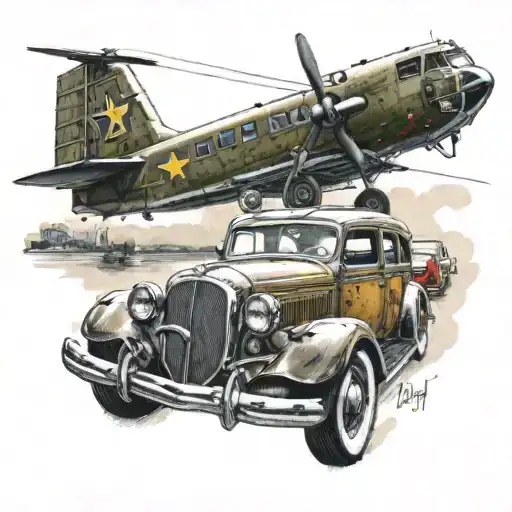 Chinook Flying Over Classic Car With Leaning Banjo