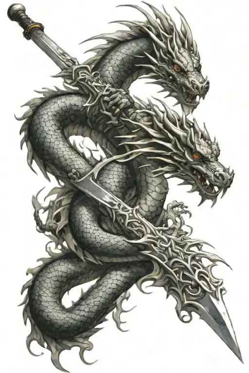A Long Sword With A Eastern Dragon As It Swims
