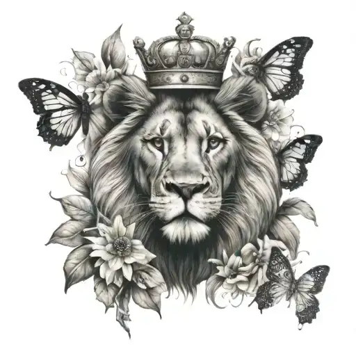 Front Facing Lion With Crown Butterfly And Gladiodus Flower