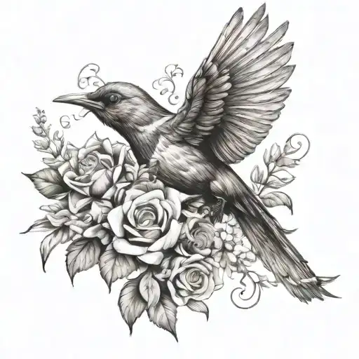 Bird Flying With Flowers With Bottel Of Parfums