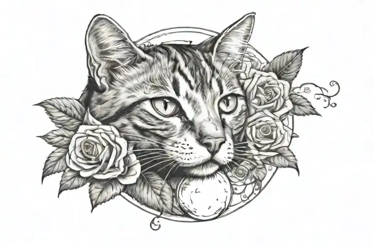 A Cat And Roses With Moon Phases