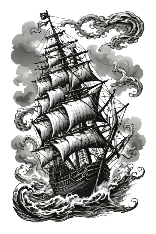 Kraken Attacking Pirate Ship Sailing Through Stormy