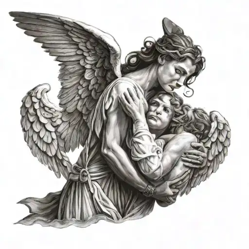 Angel Male Protects A Woman With His Wings