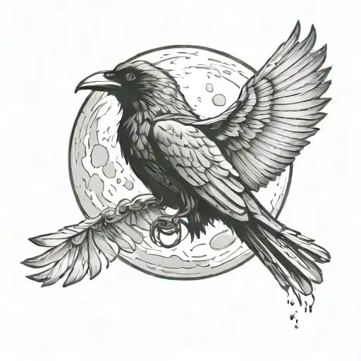 Gloving Moon And Raven Flying