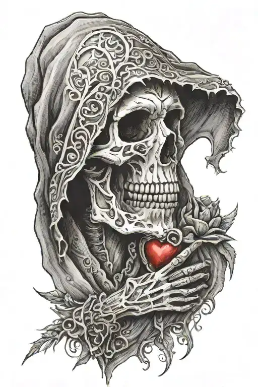Skull With A Cloak Holding A Heart With Thorns Wrapped