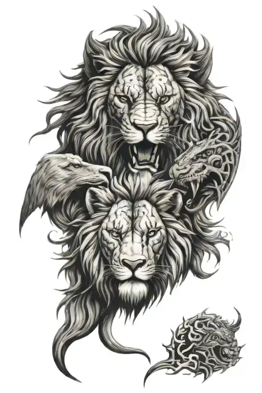 Lion Head And Dragon Intertwined Representing Strength And Courage