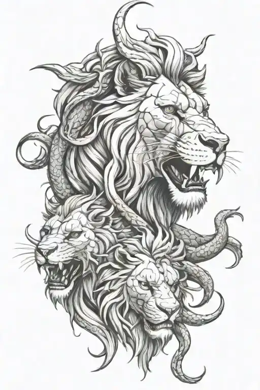 Lion Head And Dragon Intertwined Representing Strength