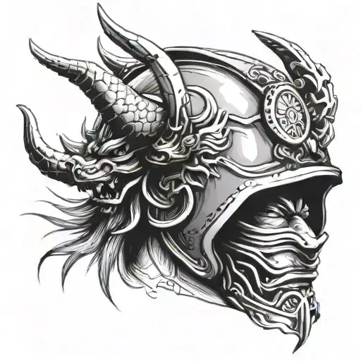Half Samurai Face With Helmet Half Dragon Face