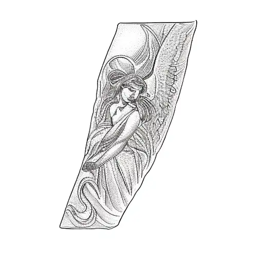 A Black And White Tattoo Of An Angel