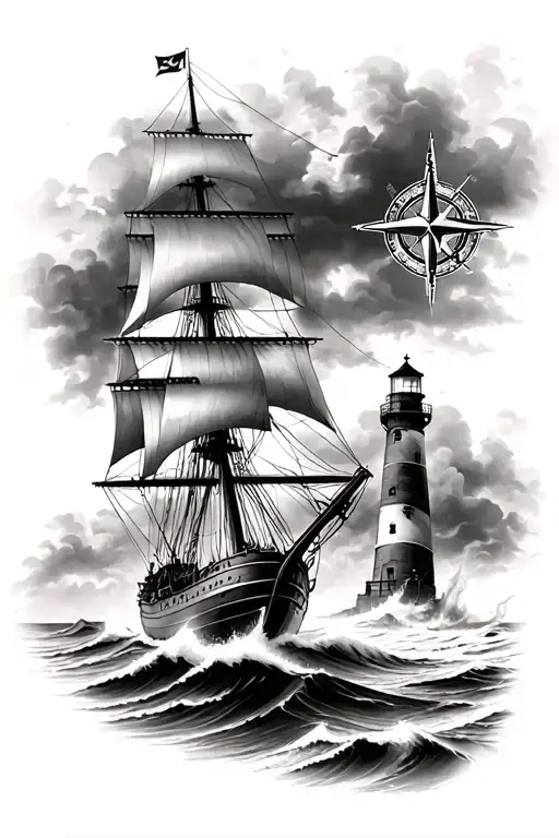 Sailing Ship Sailing Through Stormy Seas With Compass And A Lighthouse In Front