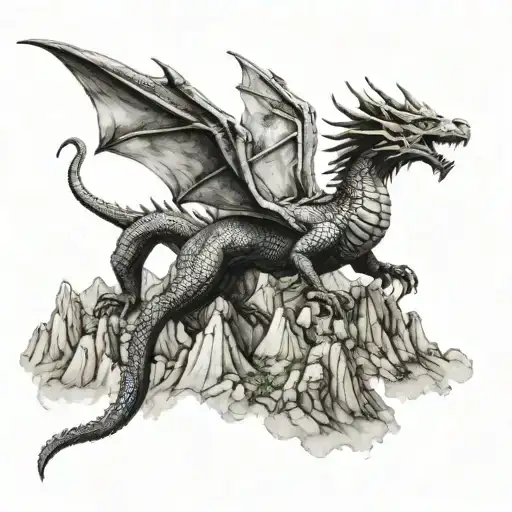 A Majestic Medieval Dragon Flying Over A Mountain Range