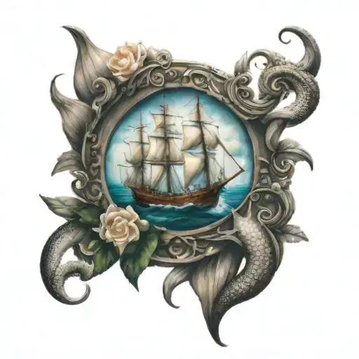 Ship And A Octopus And Mermaid Sleeve