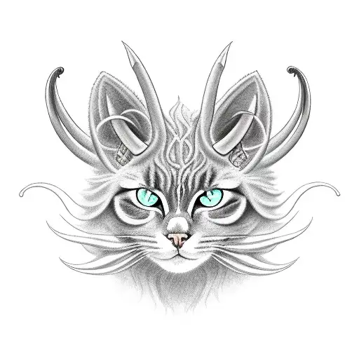 Nebelung Cat Face With Demonic Horns And Demonic Symbols Between The Horns