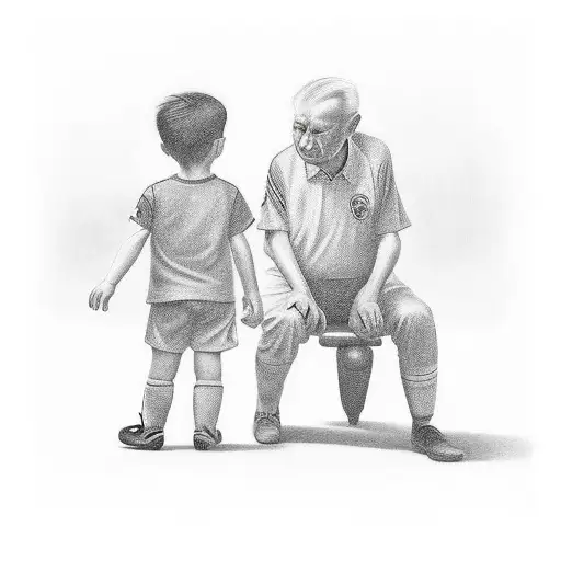 Granpa With A Kid Going To A Soccer Field