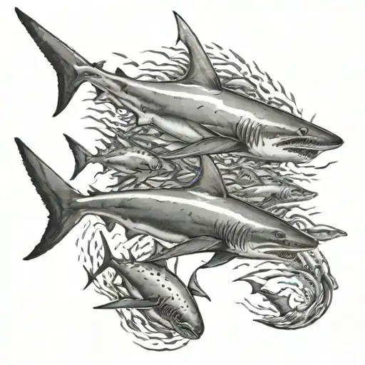 Shark Swimming In The Middle Of A School Of Fish In The Sea With Shadows