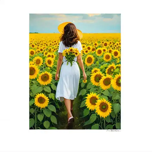 Girl Walking In Sunflower Field Holding Flowers