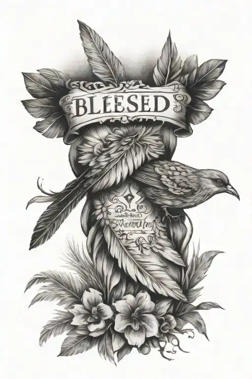 Blessed Written Across Forearm With Praying Hands Next To It And Bird Feathers Around It