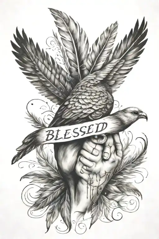 Blessed Written Across With Praying Hands Next To It And Bird Feathers Around It