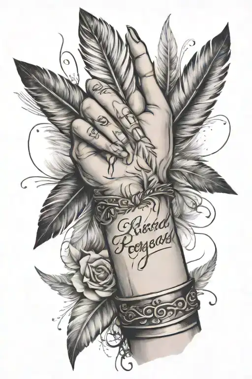 Blessed Written Across Forearm With Praying Hands Next To It And Bird Feathers Around It