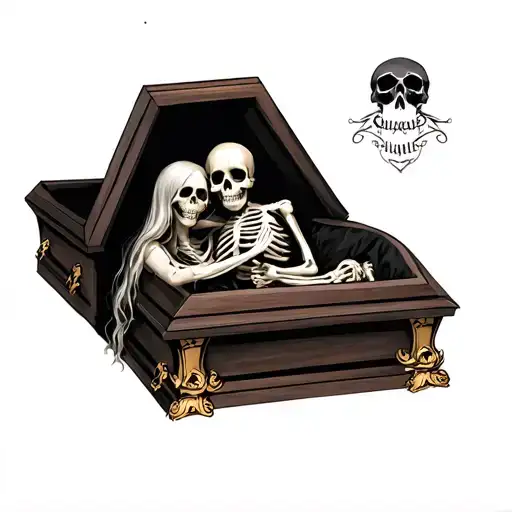 The Girl Hugs The Skeleton In The Coffin