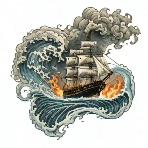 A Realistic Portrait Of A Burning Ship With Waves Crashing Around It