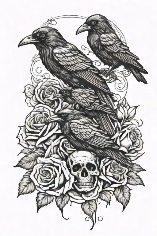 Raven Skull Roses Intertwined