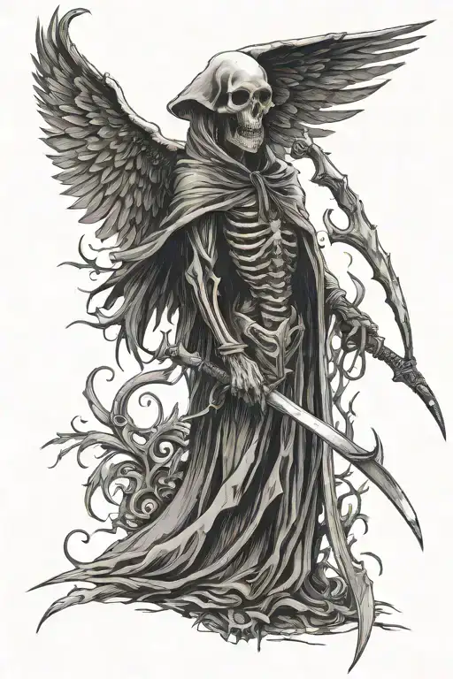 Reaper With A Scythe And Half Face Human With Wings Spread Wide Frontal View