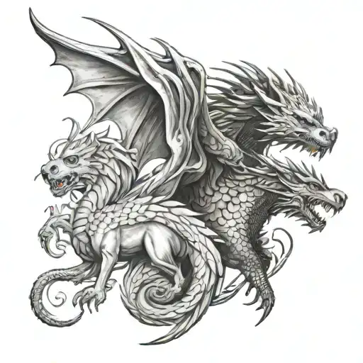 Half Game Of Thrones Dragon On The Left Half Direwolf On The Right Departed By A Sword