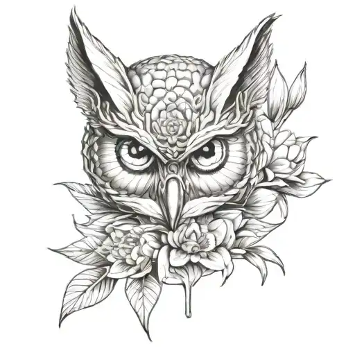 An Owl Wearing A Japanese Fox Mask Perched On A Lotus Flower