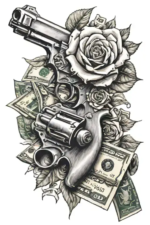 Rose Coming Out Of A Gun And Money Behind It
