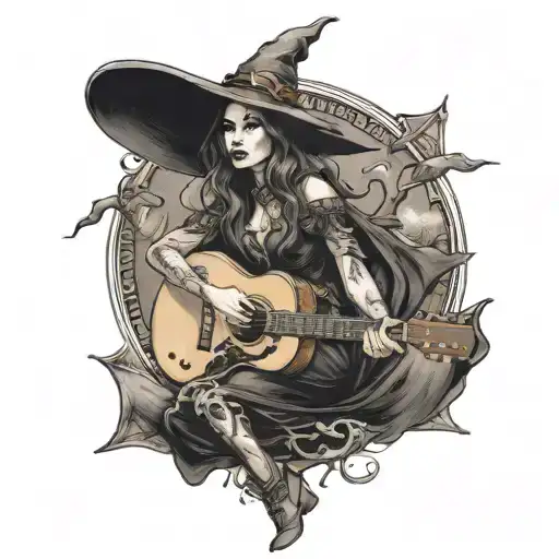 Modern Witch Riding A Spanish Guitar As If It Were Her Flying Broom