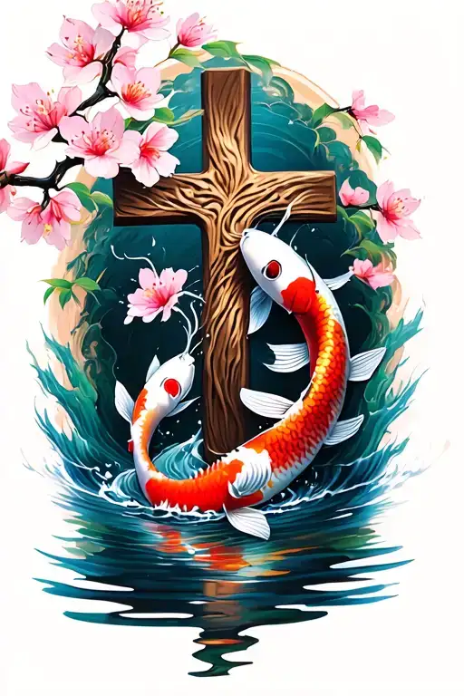 Cross Surrounded By Cherry Blossoms And Two Koi Fish Swimming Upstream