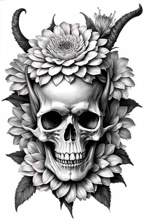 Demon Skull Surrounded By Dahlias