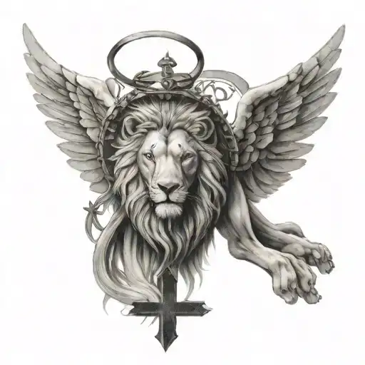 Angel Wings With Line In The Middle With Cross Above Lions Head
