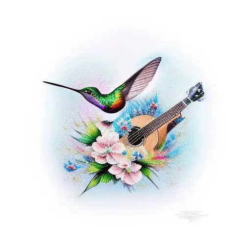 A Guitar With The Neck Of A Paintbrush And The Body Og The Guitar Has A Hummingbird