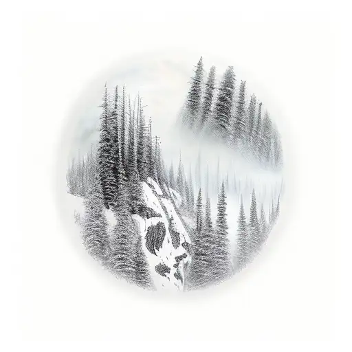 Realistic Tattoo Of A Hauntingly Beautiful North American Forest With A Touch Of Emo Cartoon Art