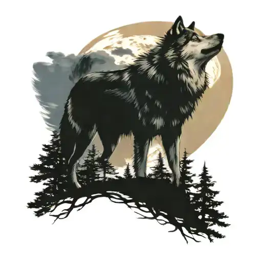 Wolf Howling Wolf And Moon And Forest Landscape