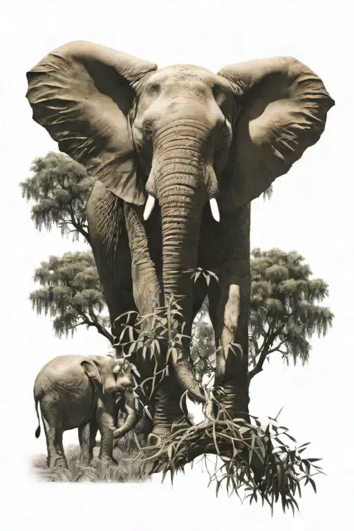 Realistic Elephant With Weeping Willow Tree