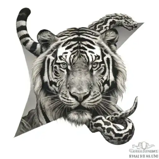 A Tiger And Snake Intertwined In A Yin-yang Symbol On The Backdrop Of Mount Kailash