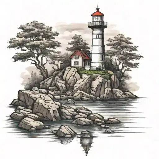 Lighthouse On A Rocky Shore With A Maple Tree